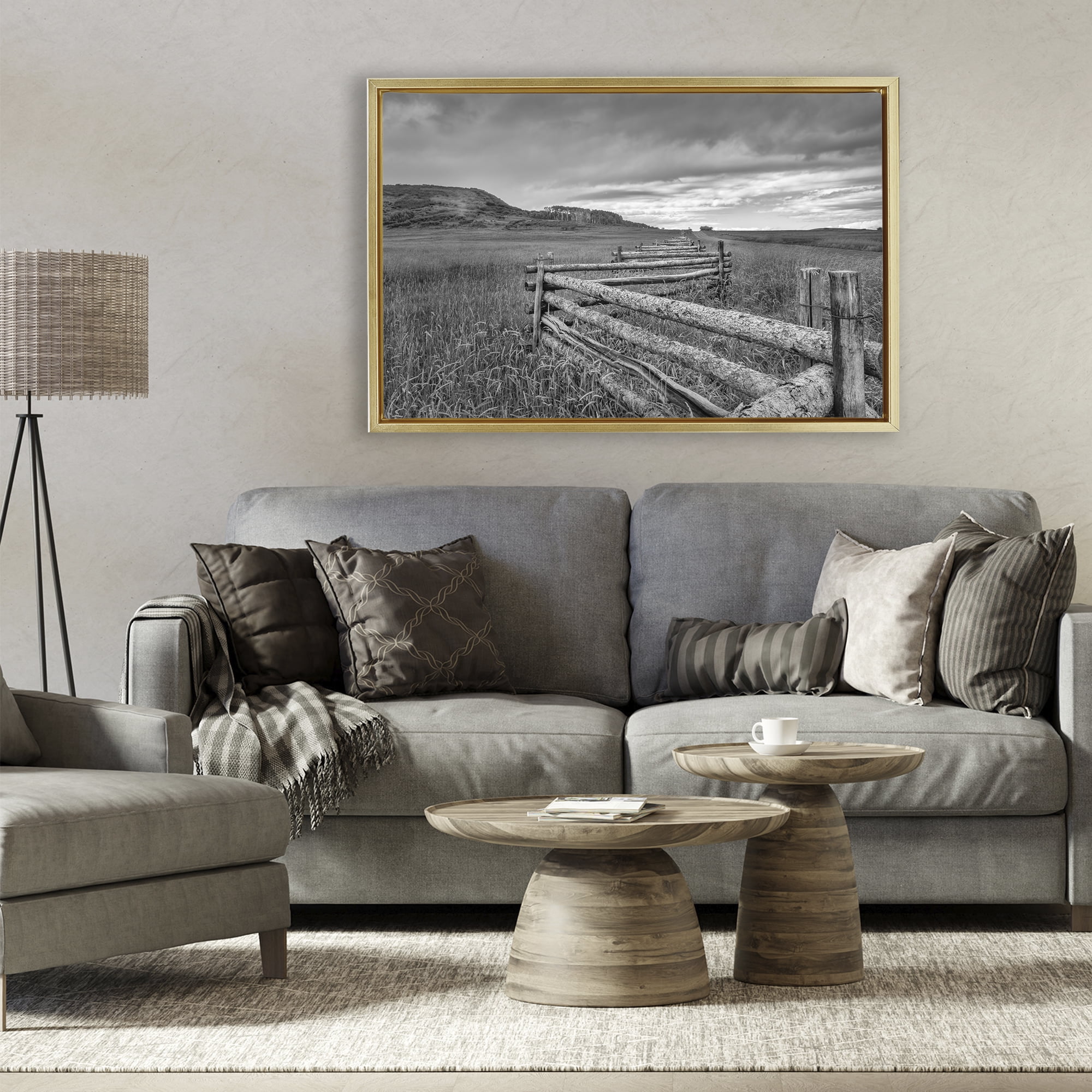 Stupell Industries Weathered Fence to Distant Horizon Gold Framed Floater Canvas Wall Art, design by Jon Evan