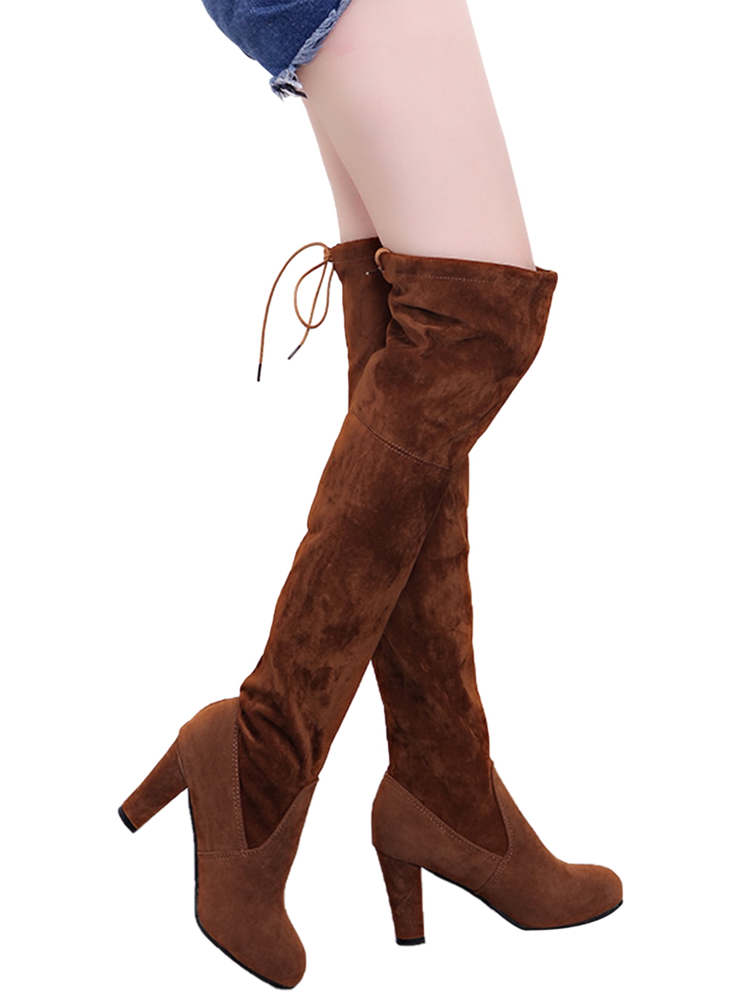 US 4-13 Women Ladies Lace Up Block Heel Over Knee High Boots Party Suede Shoes