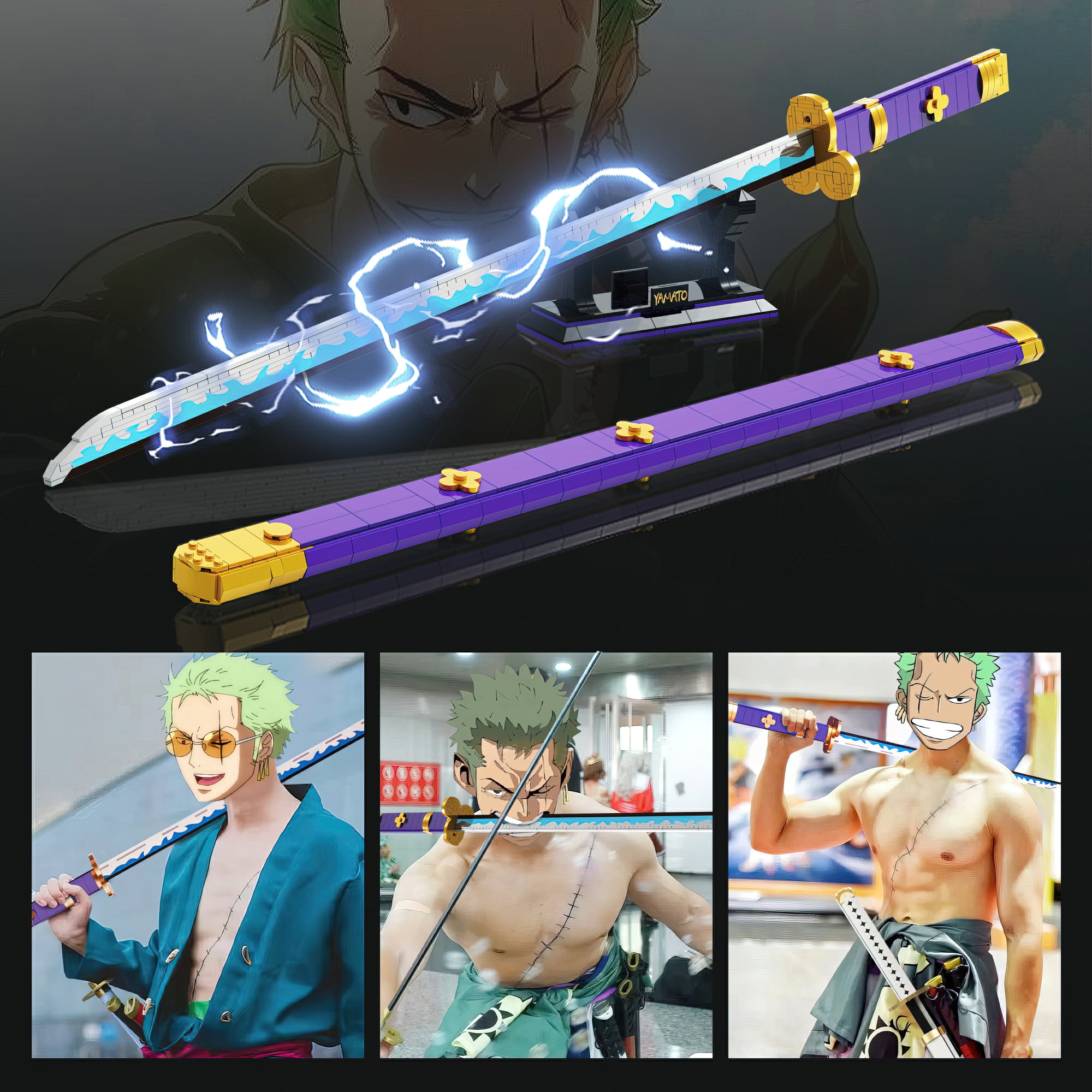 CHUANGPIN Zoro Anime Swords Building Set Compatible with Lego,Roronoa Zoro  Yamato Sword with Scabbard and Bracket,Handmade Purple Yama Enma Katana Toy