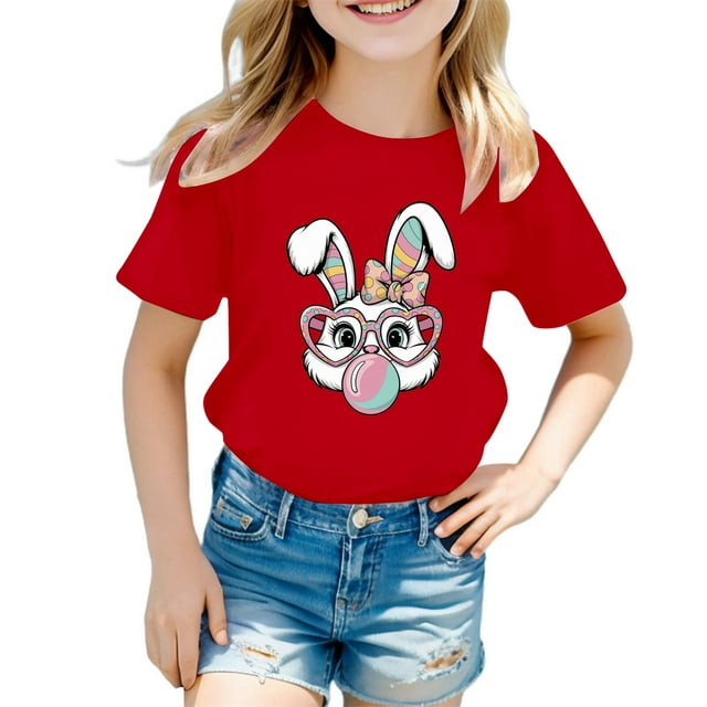 XDZJLR T-Shirt Filles Enfants Été Chaud Imprimé Mignon Pâques Manches Courtes Col Rond Décontracté 7-8 Ans