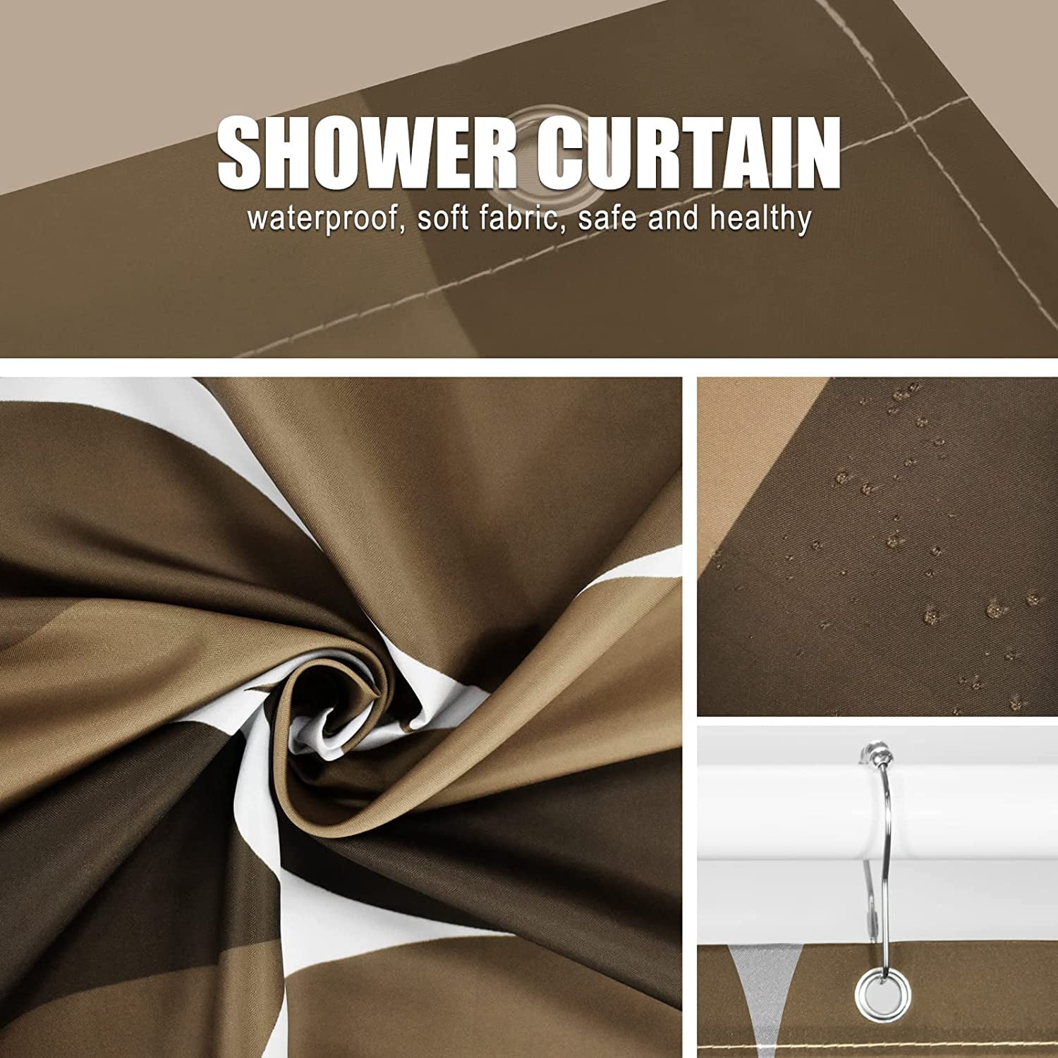 Brown Geometric Shower Curtain, Waterproof Design and Polyester, Quick-Drying, Weighted Hem, Brown Fabric Shower Curtains Set for Bathroom W 72 x H 72, Durable and Washable with 12 Hooks