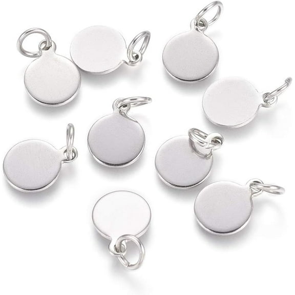 20Pcs 304 Stainless Steel Flat Round Blank Stamping Tag Pendants Charms 10x8x0.8mm Metal Flat Disc Pendants with 3.5mm Hole and Jump Ring Stainless Steel Color for Jewelry Making and Craft Projects