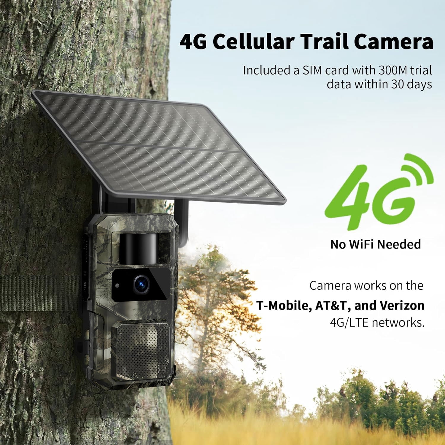 GMOX 4G LTE Cellular Solar Trail Camera, Wireless Game Hunting Camera with 10400mAh Battery, 950nm No Glow Night Vision, IP66 Waterproof, Leaf