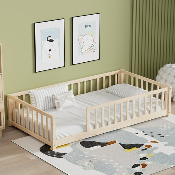 Twin Size Floor Bed Frame with Fence without Door, Versatile Wood Floor Platform Bed with Safety Rail, Toddler Bed Frame, Natural