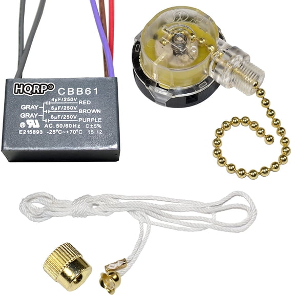 HQRP Kit Ceiling Fan Capacitor CBB61 4uf 5uf 6uf 5-Wire and 3-Speed Fan Switch