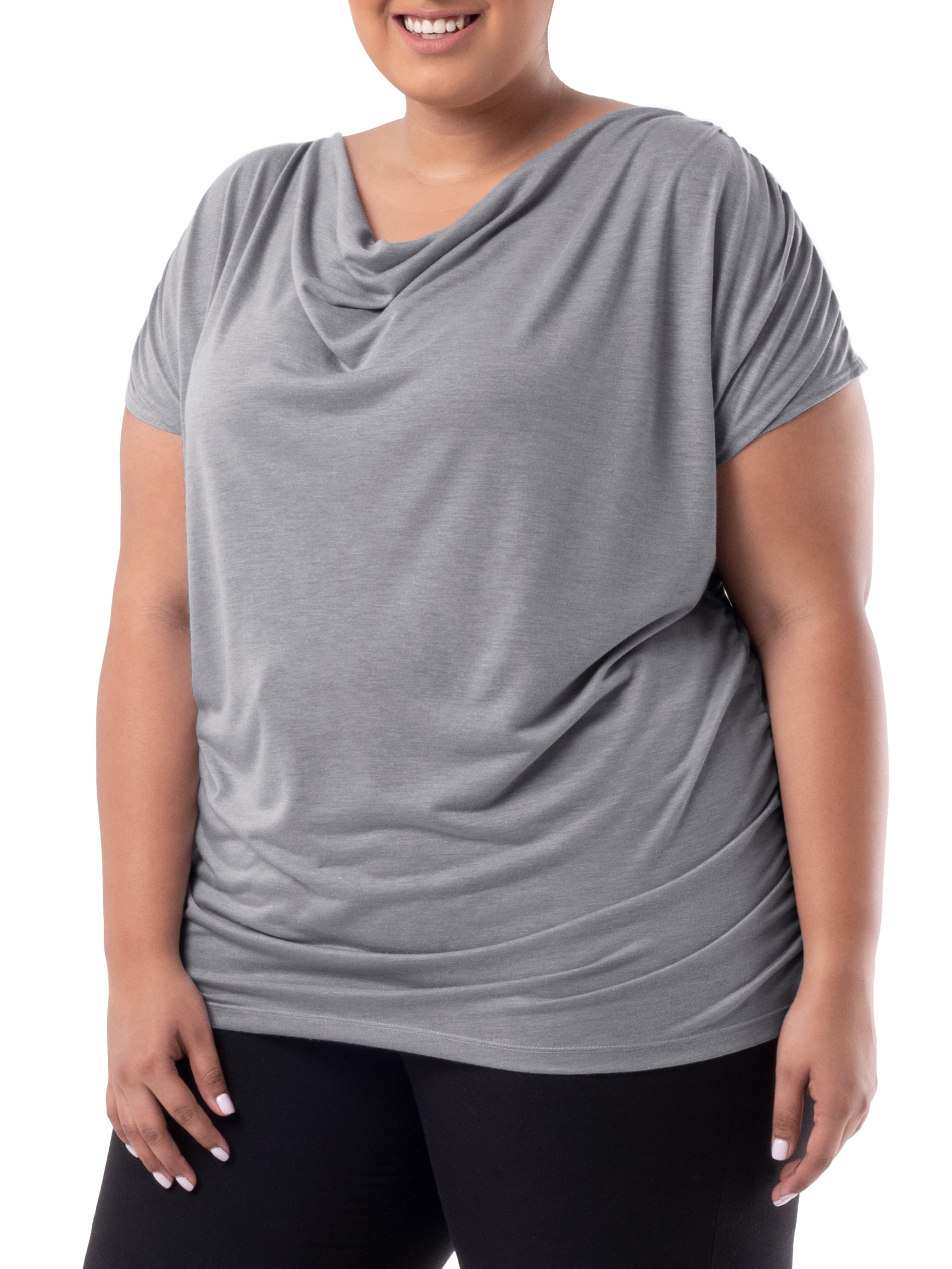 Wright's Women's Plus Size Draped Front Cowl Neck Short Sleeve Blouse Top, Size 1X-5X
