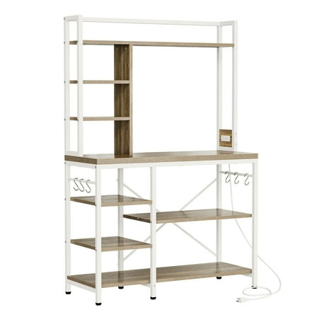 KDTHTF 39" Kitchen Bakers Rack with Power Outlet, 6 S-Hooks, 8-Tier Storage Shelf, Microwave/Coffee Maker Stand(Oak & White)