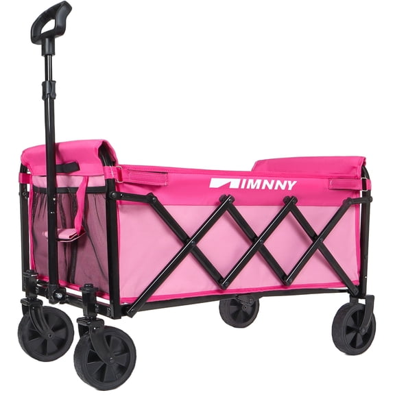 Foldable Utility Wagon with Wheels, Lightweight Camping & Outdoor Cart with 360lb Load Capacity, Built-in Cup Holders, Perfect for Garden, Sports, Shopping & Grocery Use, Pink