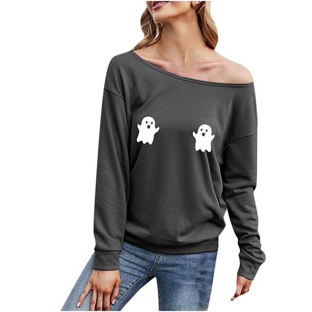 Camiseta de cuello inclinado con estampado de Halloween de manga larga estilo otoño para mujer Top sexy Fridja hj2532