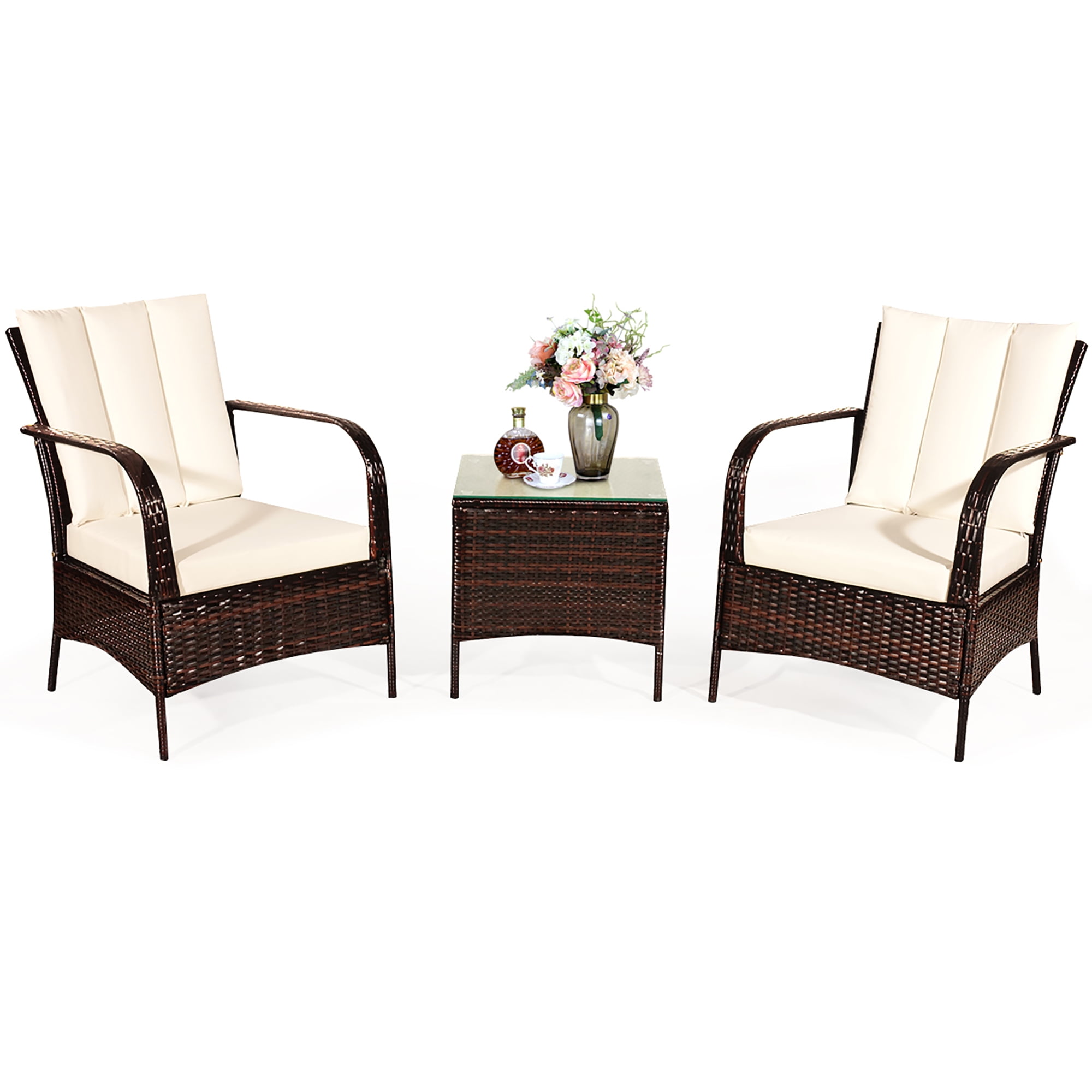 Goplus 3-Piece Patio Wicker Rattan Furniture Set Coffee Table & 2