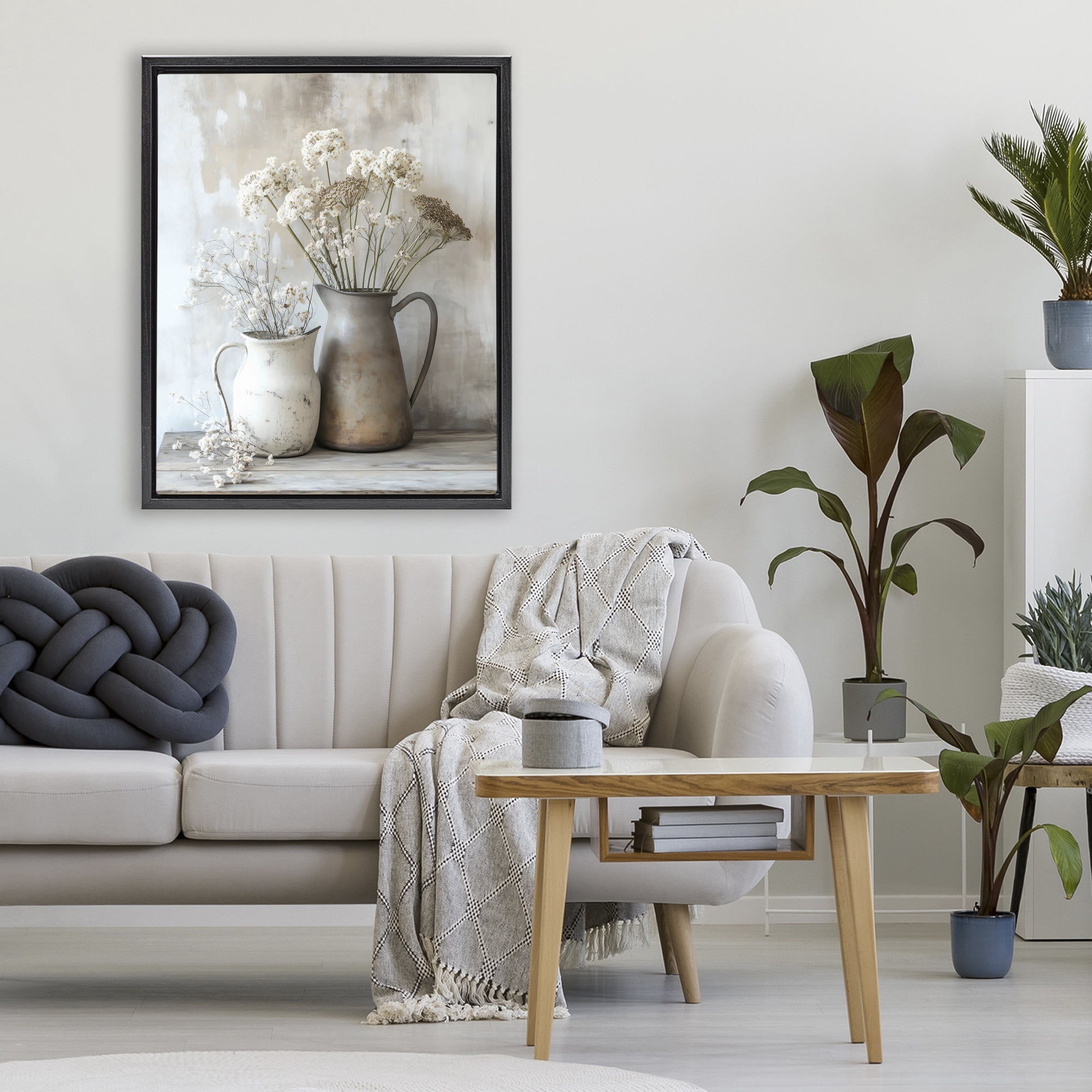 Stupell Industries Rustic Flower Arrangement in Pitchers Black Framed Floater Canvas Wall Art, design by Creative Studio
