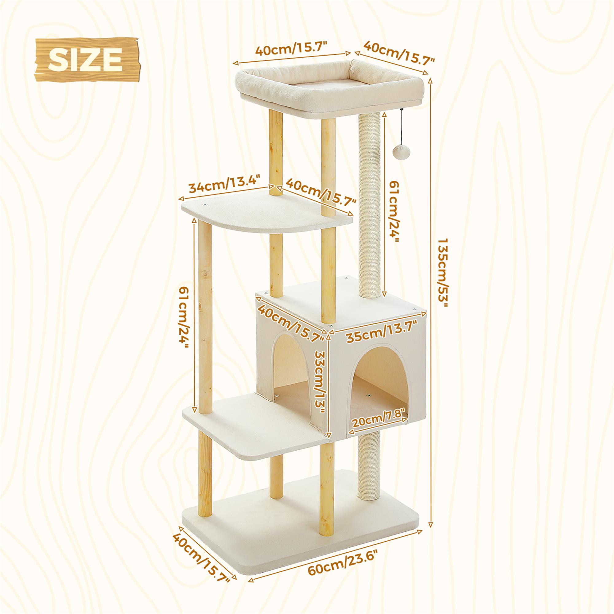 Kadyn 53" Cat Tree for Indoor Cats, Multi-Level Cat Climbing Tower with Sisal Scratching Posts and Top Perch, Beige