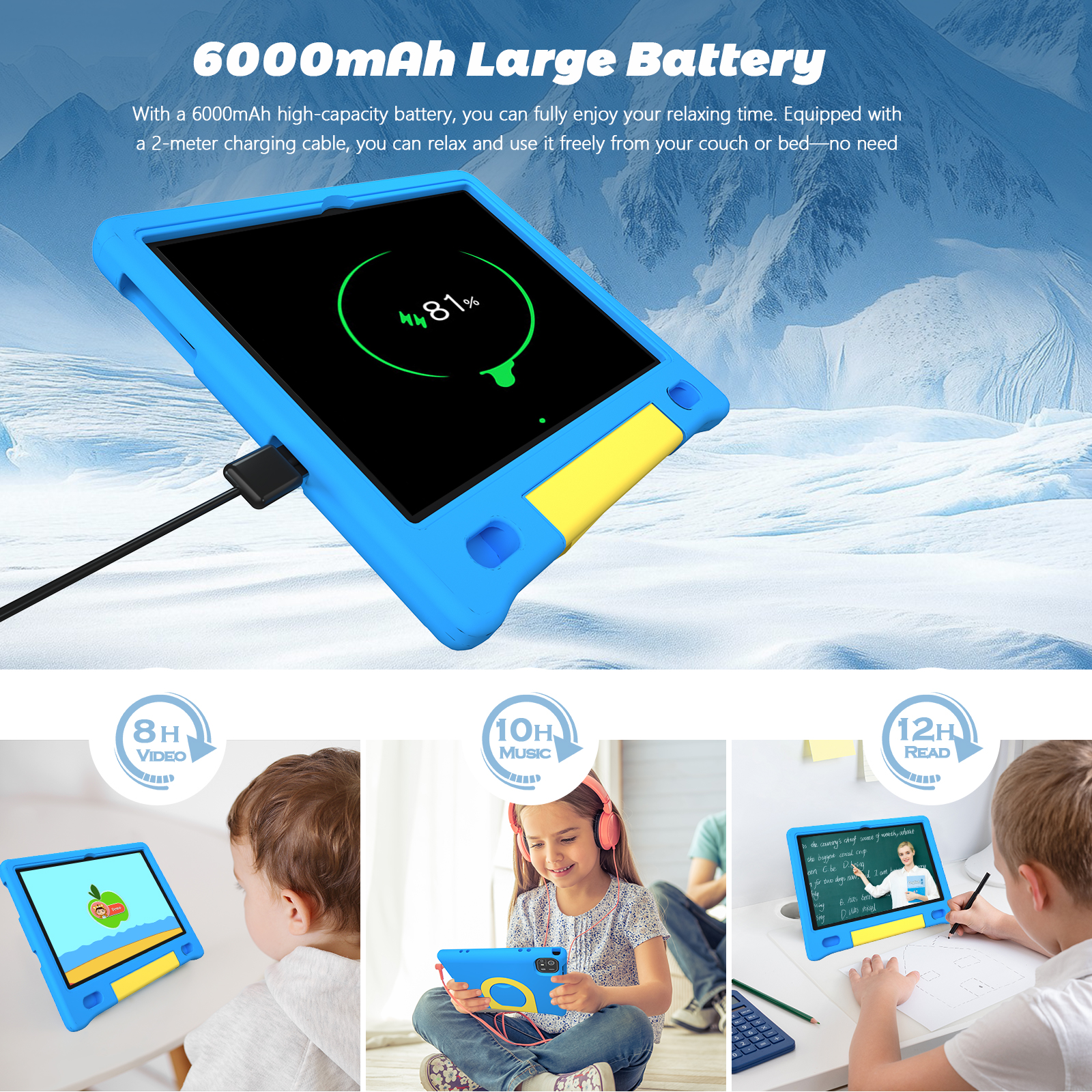Kids Tablet with Strap, Android 14 Tablet for Kids 10 inch , Toddler Tablet Octa-Core 64GB 1TB Expandable, Children's Tablet with Case, Bluetooth WiFi Parental Control Dual Camera, 12-hr battery
