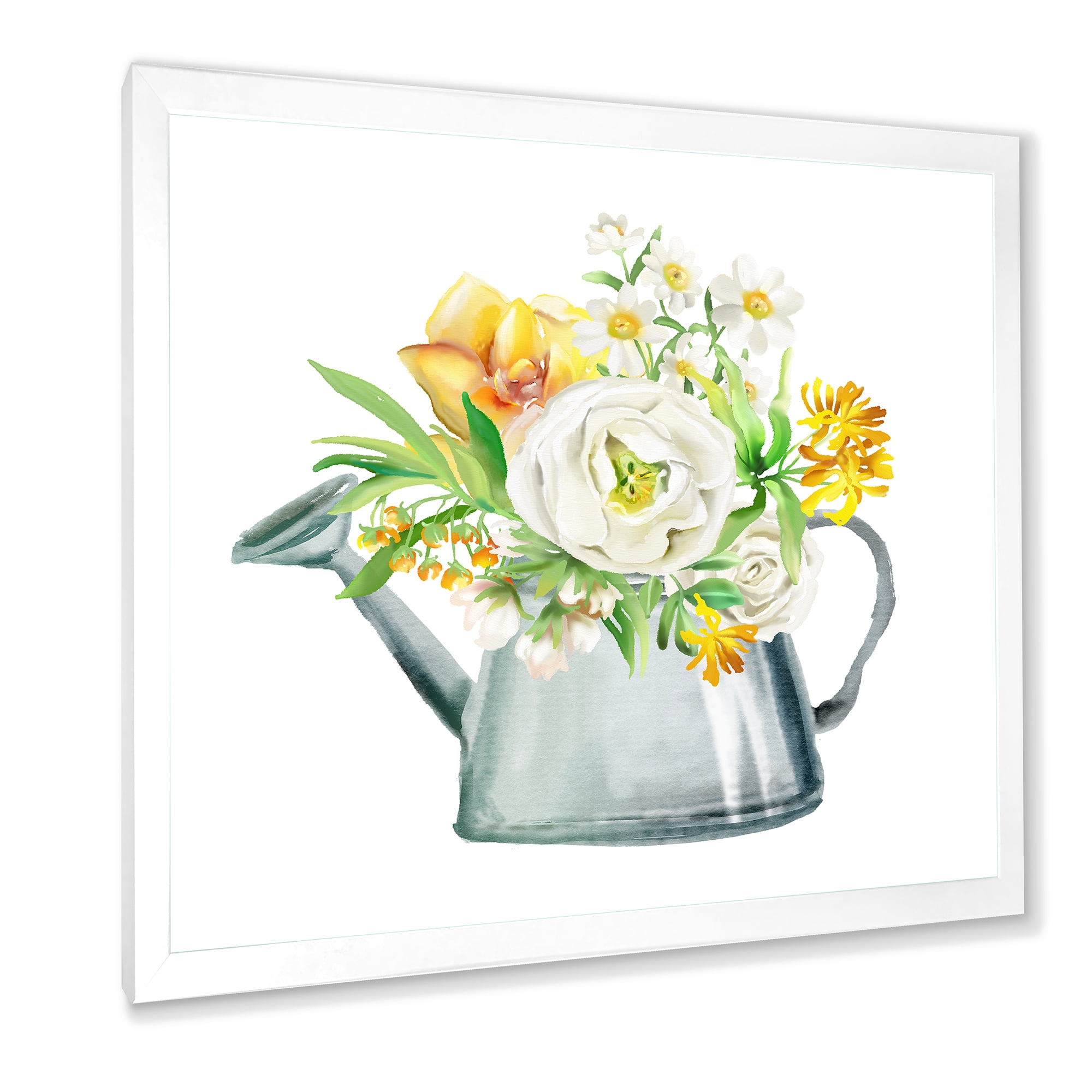 Marigolds Roses and Peonies In Garden Watering Can 36 in x 36 in Framed Painting Canvas Art Print, by Designart