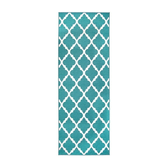 My Magic Carpet 2.5'x7' Machine Washable Non-Slip Kitchen Hallway Runner Rug, Moroccan Trellis Teal