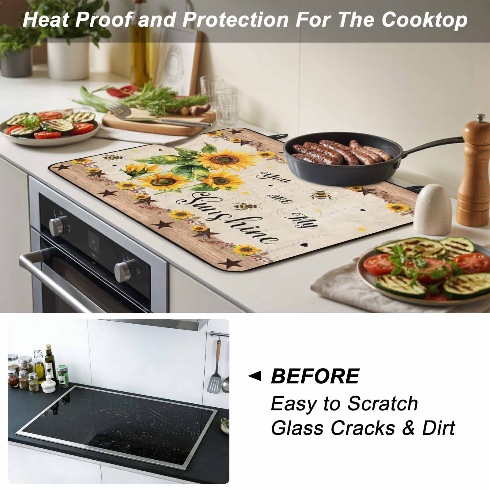 Sunflower Stove Top Cover for Electric Stove, Heat-proof & Non Slip Glass Top Stove Cover Protector, Botanical Summer Farmhouse Country Texas Star Kitchen Flat Cooktop Rubber Mat 24x21 Inches