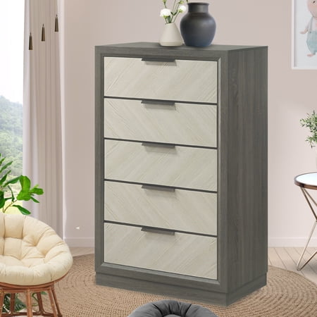 Kings Brand Furniture Visalia 5-Drawer Chest Dresser for Bedroom - Tall & Modern Storage Organizer (White/Gray)