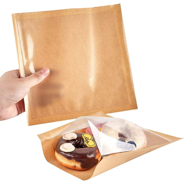 Nvzi 100Pcs Bakery Bags 7.08 x 7.48 Inches Heat Sealable Donut Bag with Window Paper Sandwich Bag Grease Resistant Cookie Packaging Kraft Sleeves -Khaki