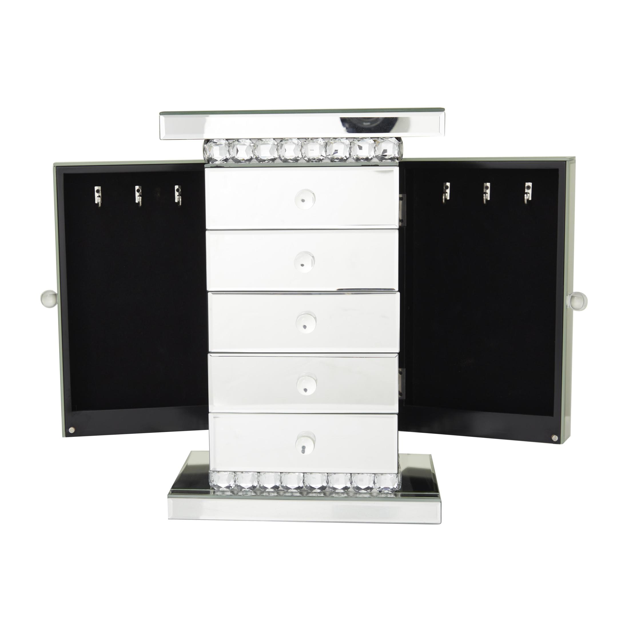 DecMode Mirrored 5 Drawers Silver Wooden Decorative Jewelry Box with Crystal Embellishments