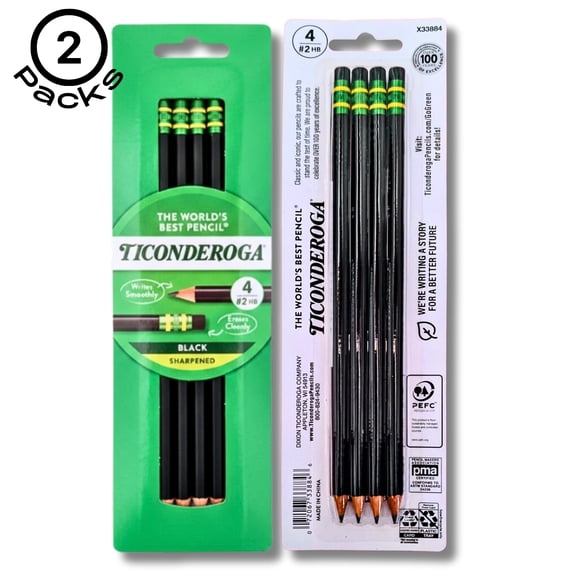 Ticonderoga #2 HB Black Sharpened Wood-Cased Pencil, 2 Packs of 4 Count Pencils