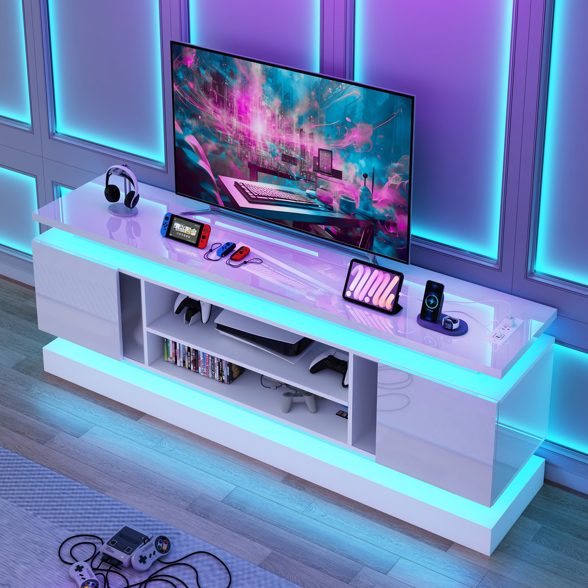 ChVans 71" LED TV Stand for TVs up to 85" with Power Outlets, High Gloss Surface, 2 Storage Cabinet, Modern Style, TV Media Console with Storage, White