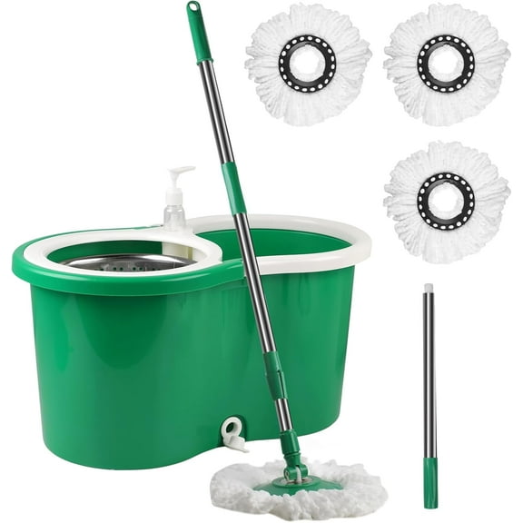 Spin Mop and Bucket with Wringer Set, 360° Spinning Mop Bucket System with 3 Microfiber Mop Replacement Heads Refills,56" Stainless Steel Extended Handle for Floor Cleaning Home Office Green(20QT)