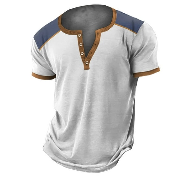 Men's Henley Style Short Sleeve Tee, Button Placket Contrast Shoulder Top, Casual Summer Sport Shirt