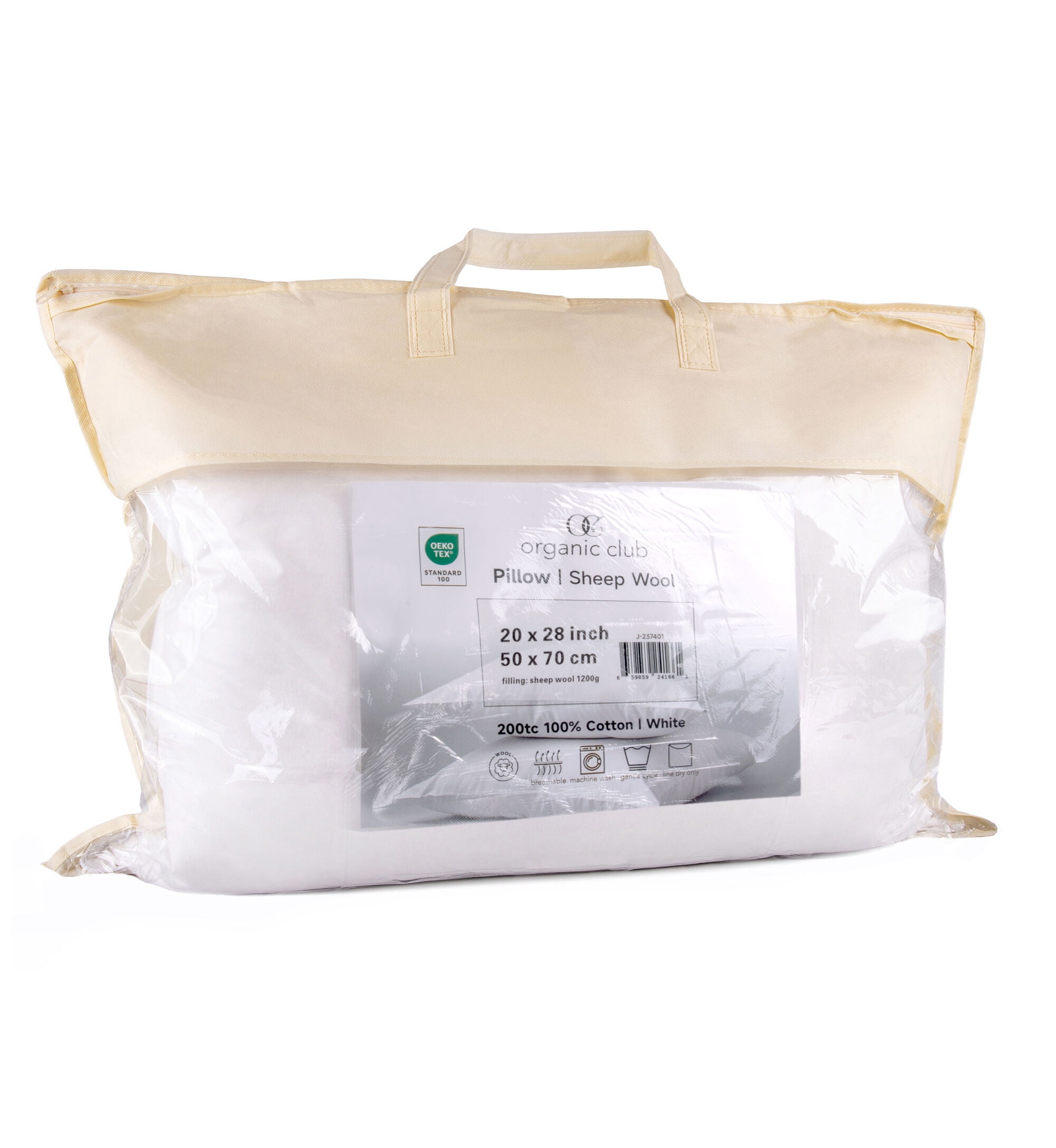 Organic Club Queen Size Sheep Wool-Filled Pillow 20x28" (50x70 cm) Bed Pillow for Sleeping Washable Cotton Pillow for Bed, 1 Count, White
