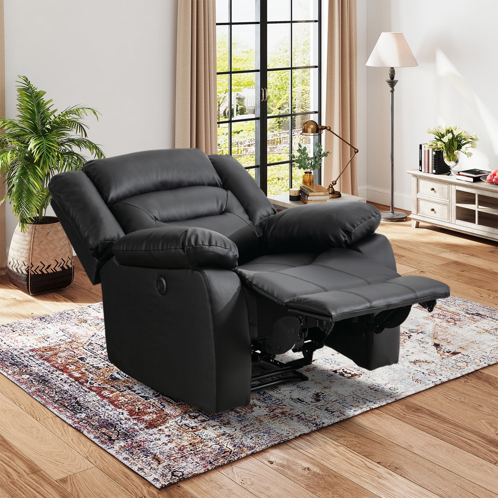 Bonzy Home Faux Leather Power Recliner Sofa Set, Electric Reclining Chair, Loveseat, and 3-Seat Sofa for Living Room, Bedroom, Office, Black