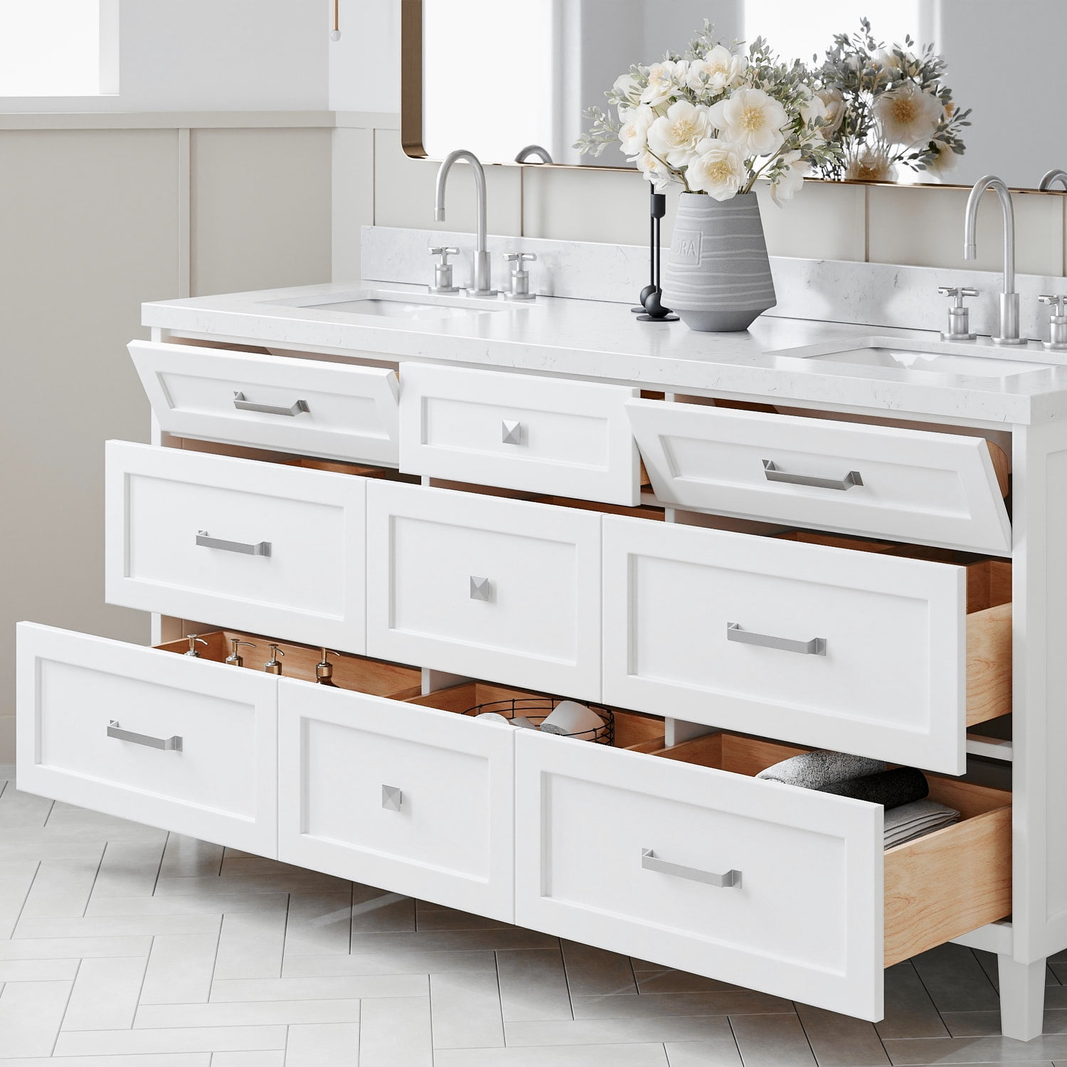 ARIEL Monroe 72 Inch Double Rectangle Sink Bathroom Vanity With Carrara White Quartz Countertop 1.5 Inch Edge In White