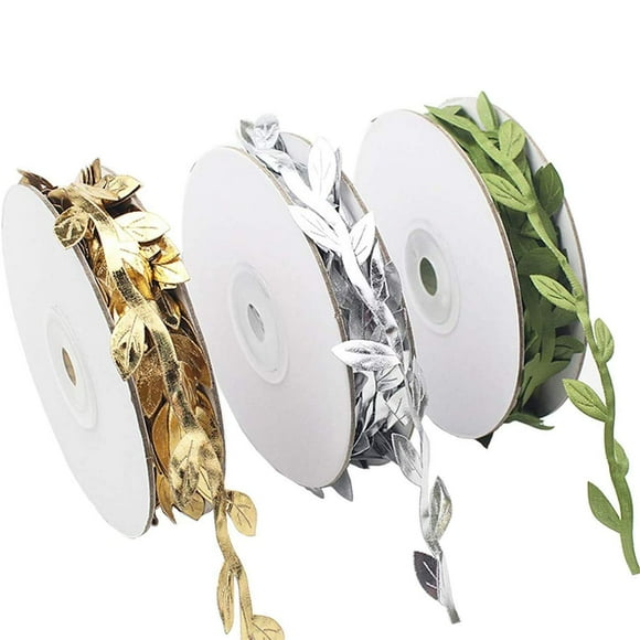TIHOOD 3 Rolls 10 Yards Leaf Ribbons, Olive Green, Gold Leaf Ribbon, Silver, Green Leaf Ribbon Trim Spool, Wreath Making Gift Wrapping Wedding Decoration