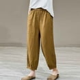 thumbnail image 2 of Besolor Women's Cropped Cotton Linen Pants Elastic Waist Casual Loose Lace Trim Tapered Capris Lounge Pants for Summer Yellow, 2 of 7