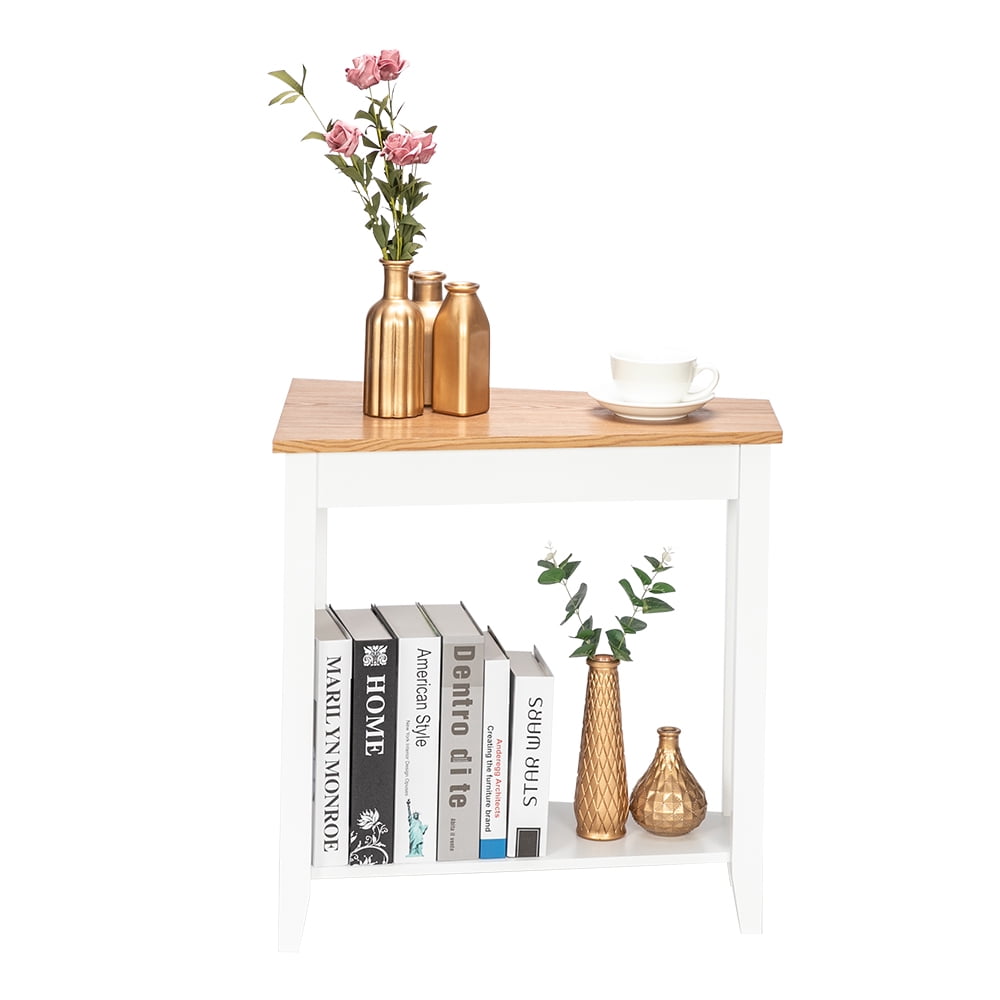 Lowestbest Sofa Side Table, End Table with Storage Shelf, Simple and Irregular, Walnut Color