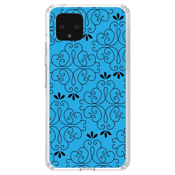 DistinctInk Clear Shockproof Hybrid Case for Google Pixel 4 (5.7" Screen) - TPU Bumper, Acrylic Back, Tempered Glass Screen Protector - Blue Black Floral Pattern