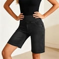 thumbnail image 5 of Swanpen Women's High Waist Stretchy Denim Bermuda Shorts, Elastic Waist Pull-On Biker Shorts with Pockets, 5 of 7