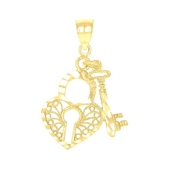 10k Yellow Gold Womens Key Lock Heart Charm Pendant for Women