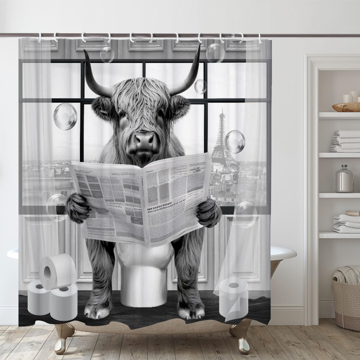 Funny Highland Cattle Cow Bull Shower Curtain, Black and White Cattle Reading Newspaper on Toilet Shower Curtains Set, Humor Western West Farmhouse Shower Curtains with Hooks 36x72inch