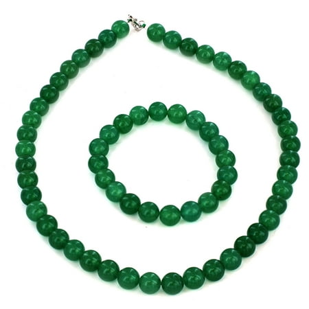 Women's Sterling Silver Green Aventurine Beaded Bracelet and Necklace Set
