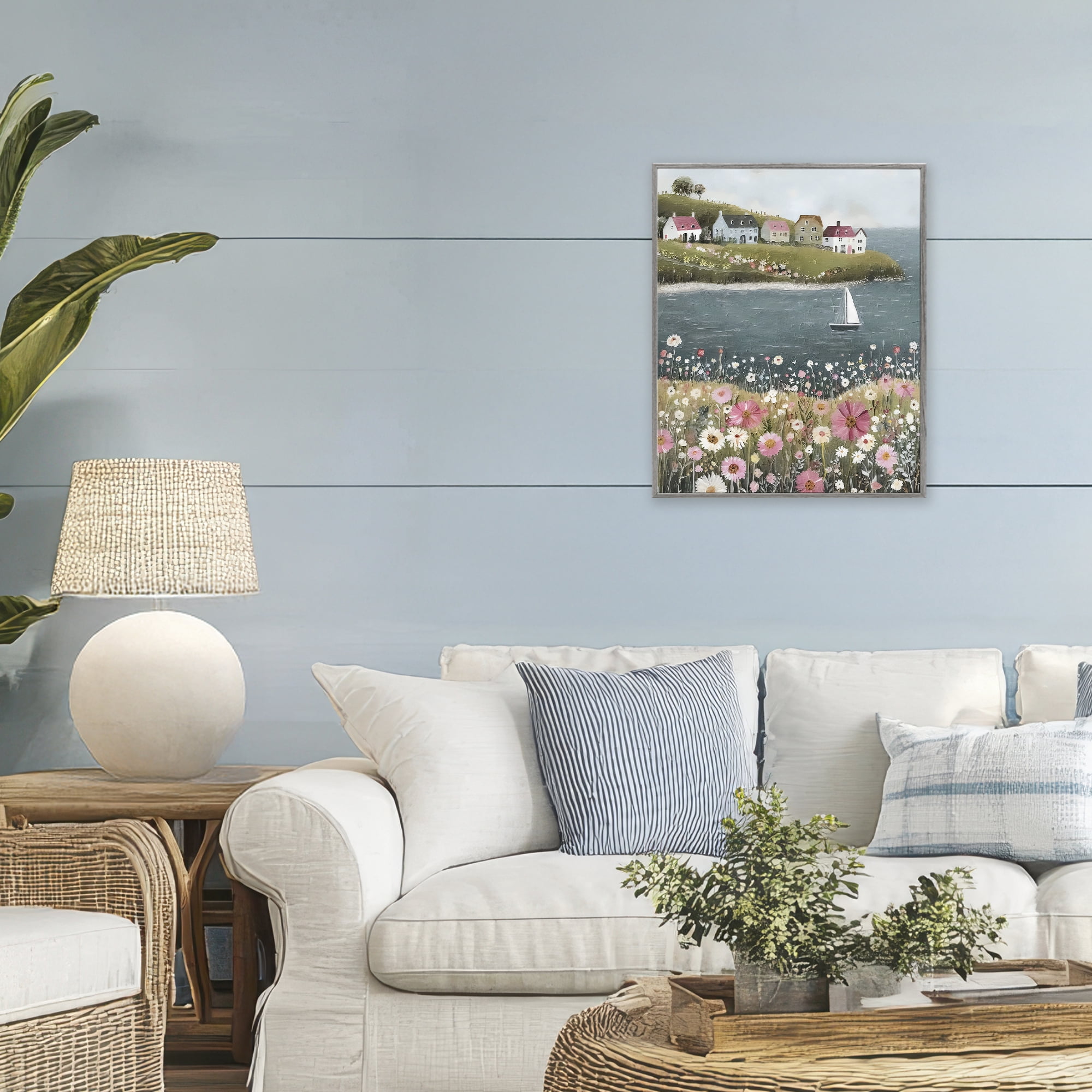 Stupell Industries Pink Meadow & Sailboats Gray Framed Giclee Art, design by Riley B