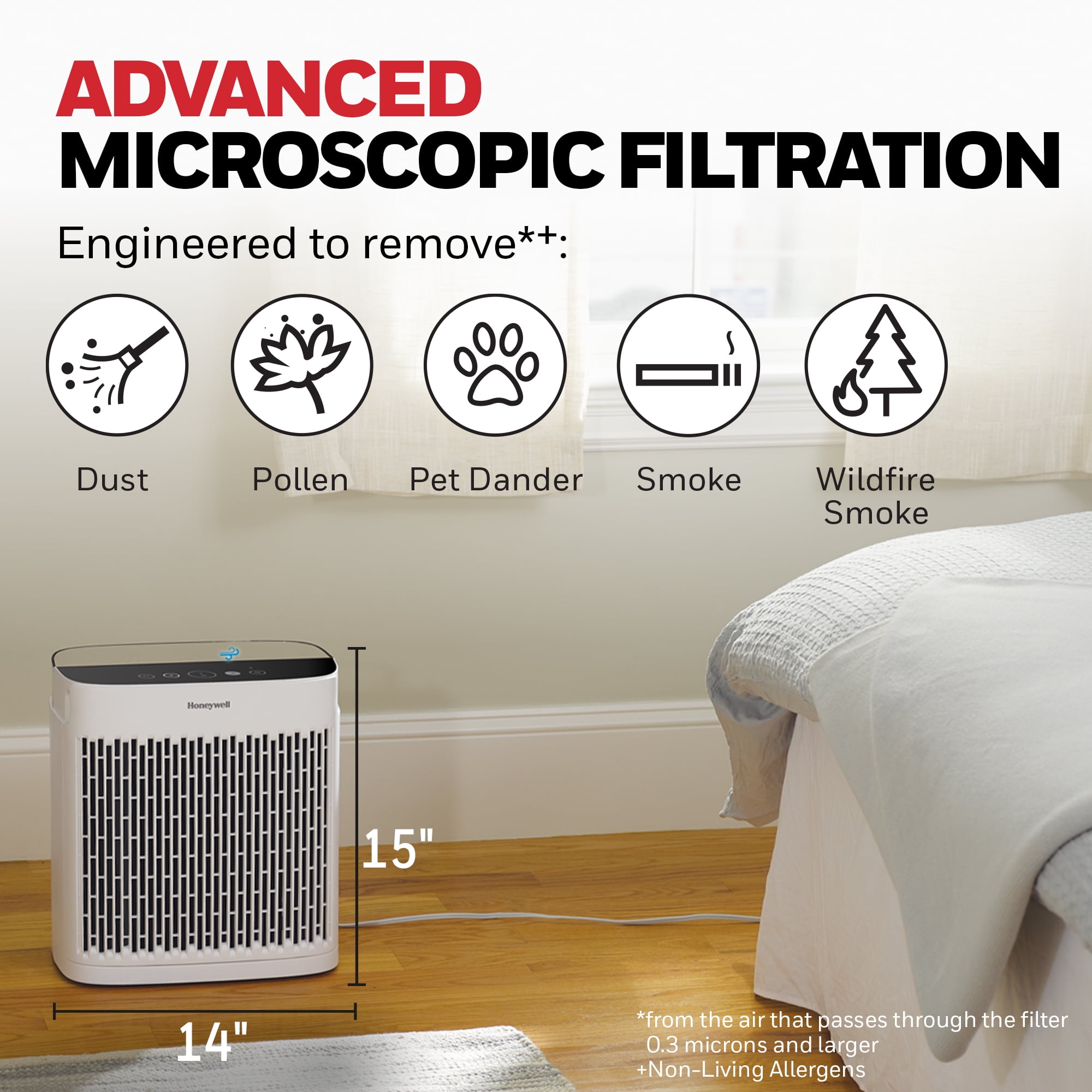 Honeywell Allergen Plus 900 Sq Ft HEPA Air Purifier, White, Smoke, Pollen, Dust Reducer
