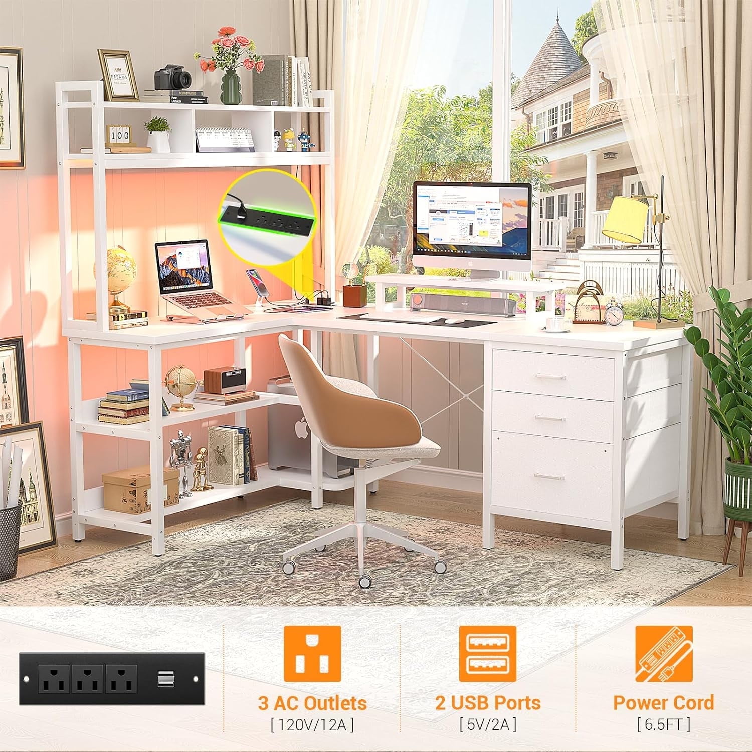 iSunirm L Shaped Gaming Desk with Storage, Computer Gaming Desk with LED Lights & Hutch, Reversible Computer Desk with Power Outlet, Corner Desk with Drawers, Shelves for Home, White