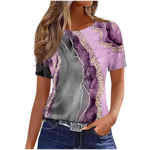 Tops de Manga Corta de Algodón para Mujeres Cuello Redondo Impreso Casual, Blusa de Moda para el Hogar Y el Uso Diario