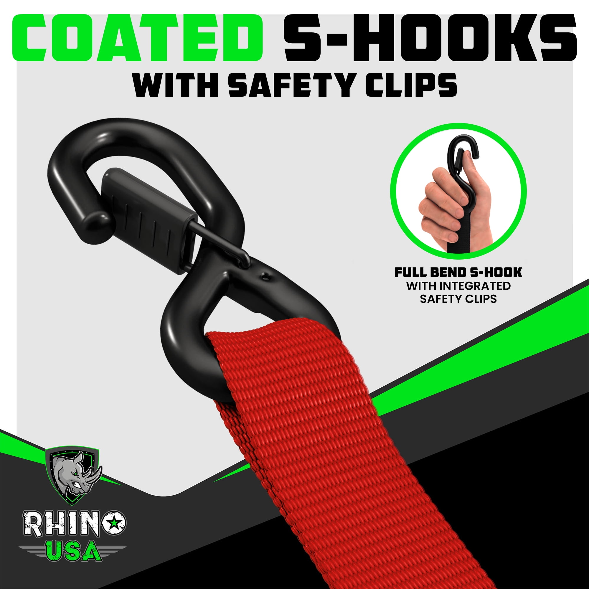 Rhino USA 1.6" x 15' Ratchet Strap Heavy Duty Kit w/ Safety S Hooks - 5,208lb Break Strength (Red 4pc)