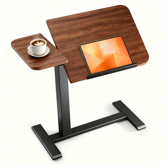 LUCKLIFE Adjustable Overbed Bedside Table with Hidden Wheels,Tilt Top Desk Mobile Rolling Standing Desk, Brown