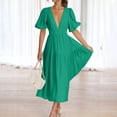 thumbnail image 5 of Women's Deep V Neck Puff Short Sleeve Tiered Dress Elastic High Waist Flowy A Line Midi Dresses, 5 of 7