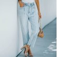 thumbnail image 7 of Women's High Waist Stretch Straight Wide Leg Blue Jeans Distressed Comfort Classic Denim Pants Trousers with Pockets, 7 of 7