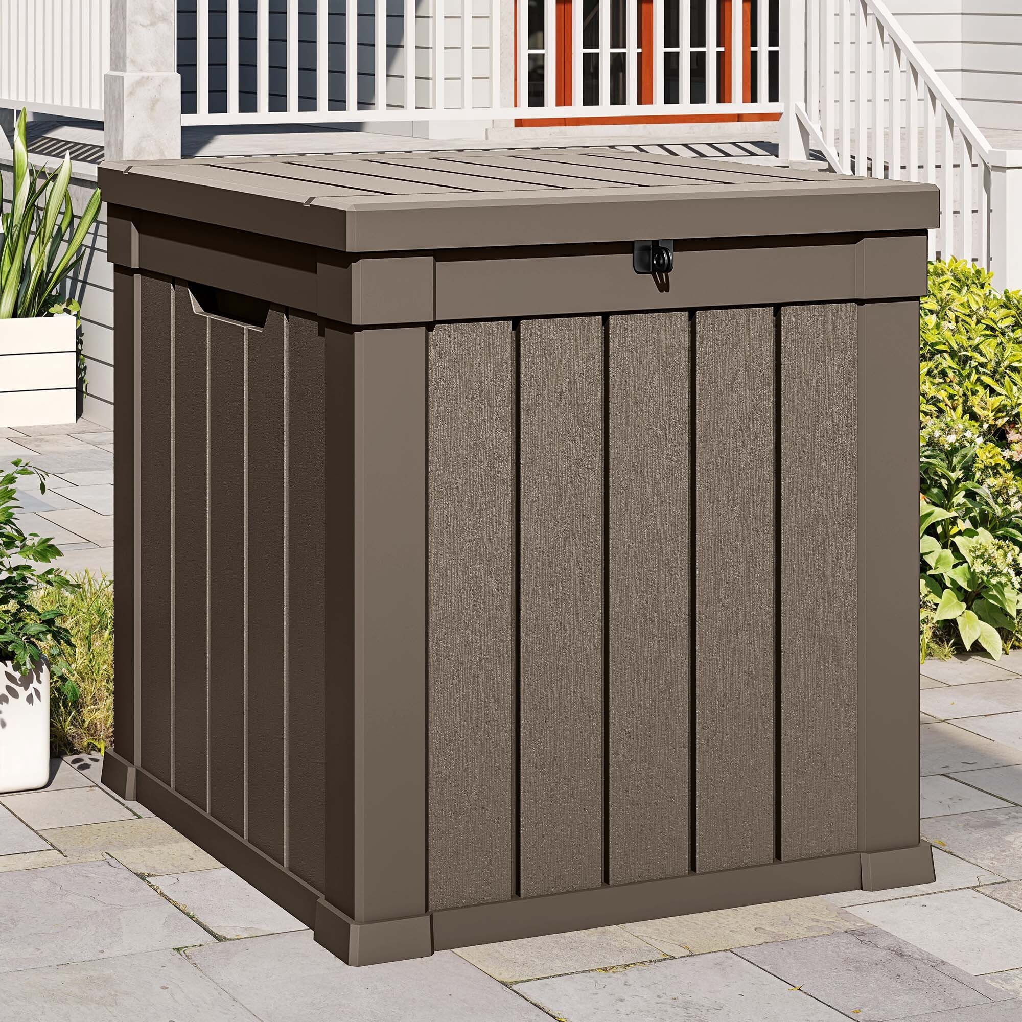 Dextrus 51 Gallon Weatherproof Resin Deck Box, Lockable Outdoor Storage Container, Multi-Purpose Patio Storage Bin for Package Delivery, Garden Tools, Pool Accessories and Outdoor Cushions, Taupe