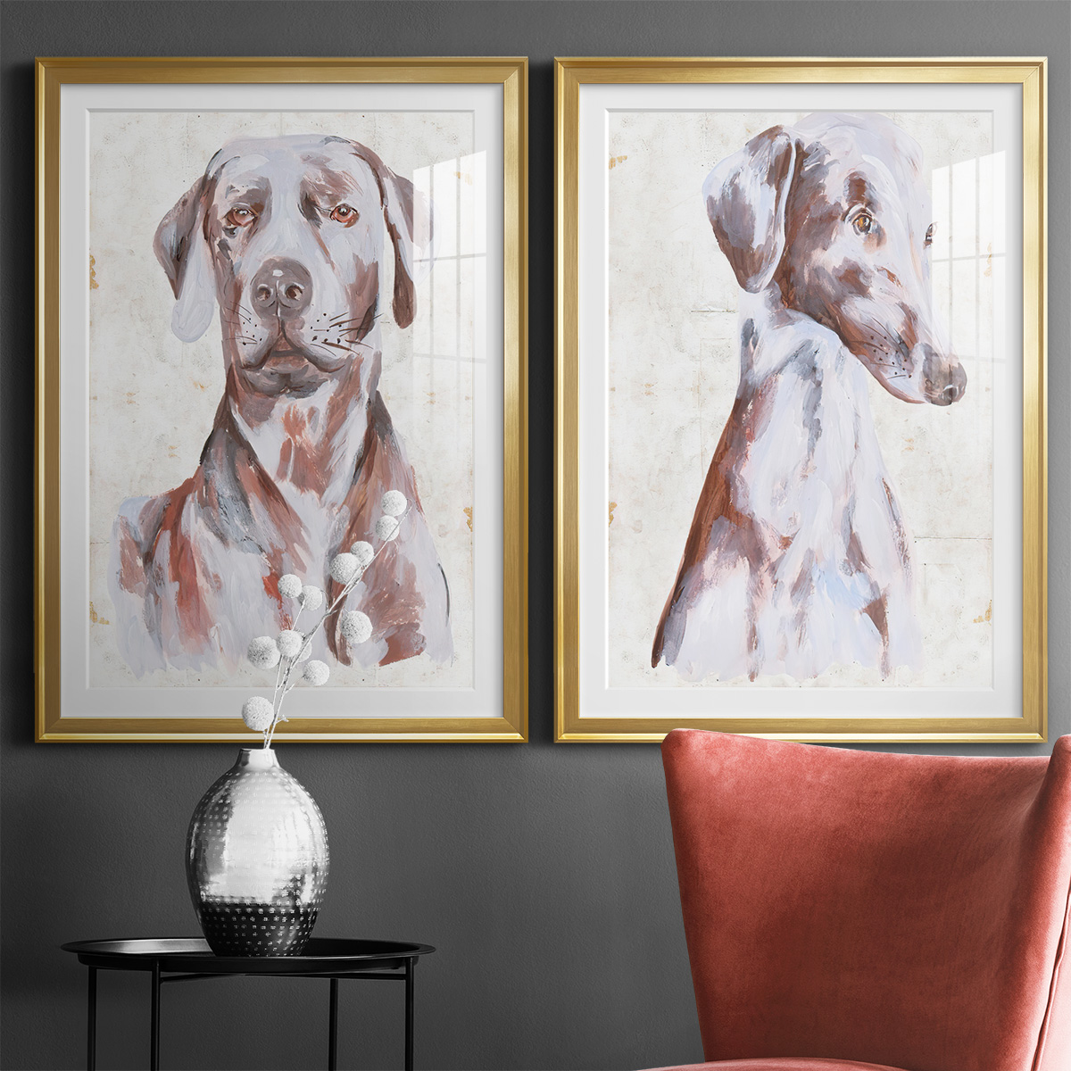 Wexford Home Sitting Dog I Premium Framed Print, 18.5" x 24.5" - Ready to Hang, Gold (Set of 2)