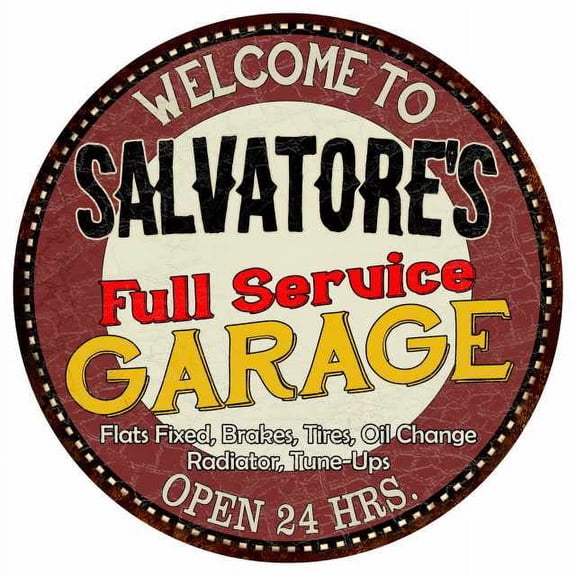 Salvatore's Full Service Garage 14" Round Metal Sign Man Cave Decor 100140037499