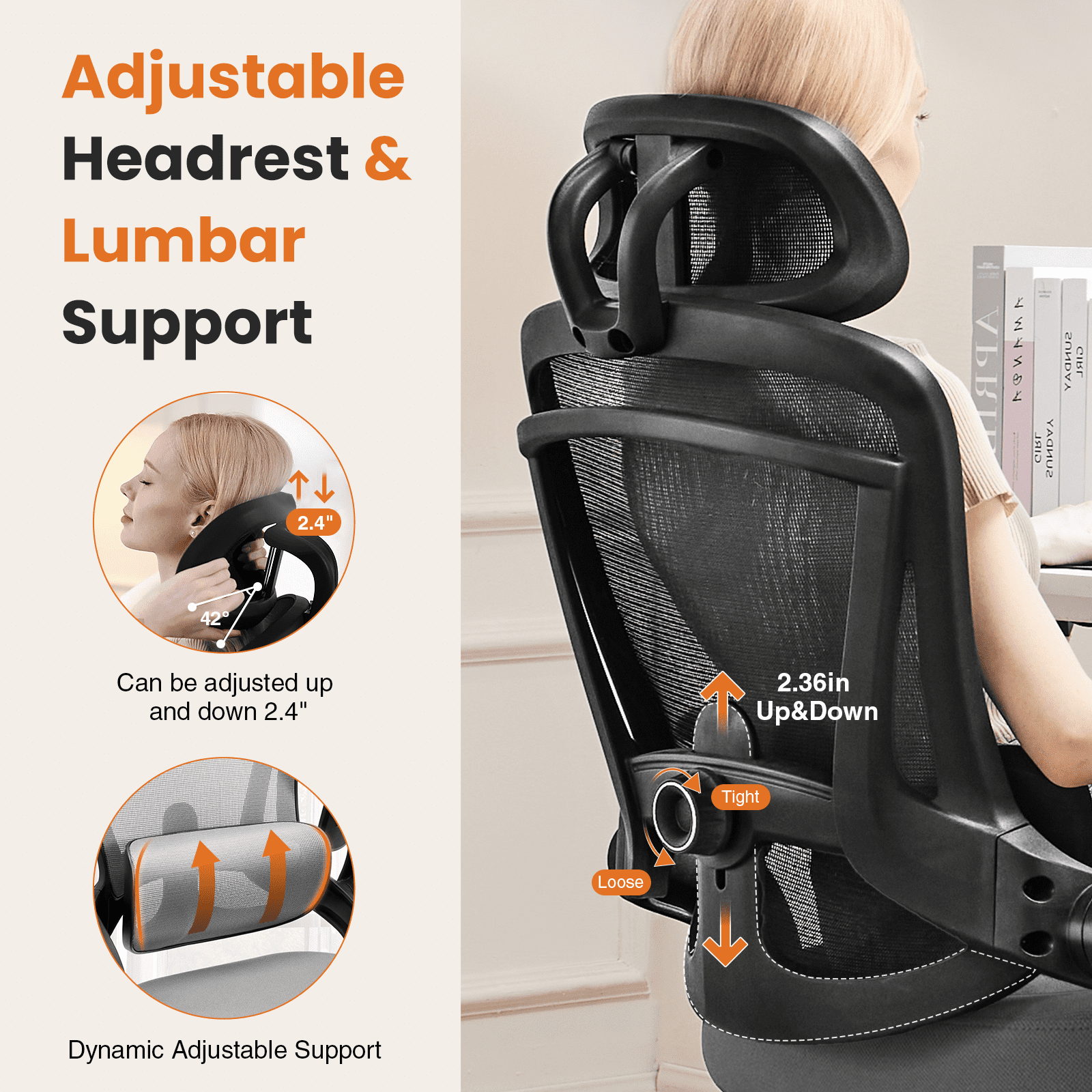 MAYEERTY High Back Desk Chair with Adjustable Lumbar Support & Headrest,Comfortable Mesh Computer Chair with Soft Flip Up Arms, Adjustable Height and 120°Tilt